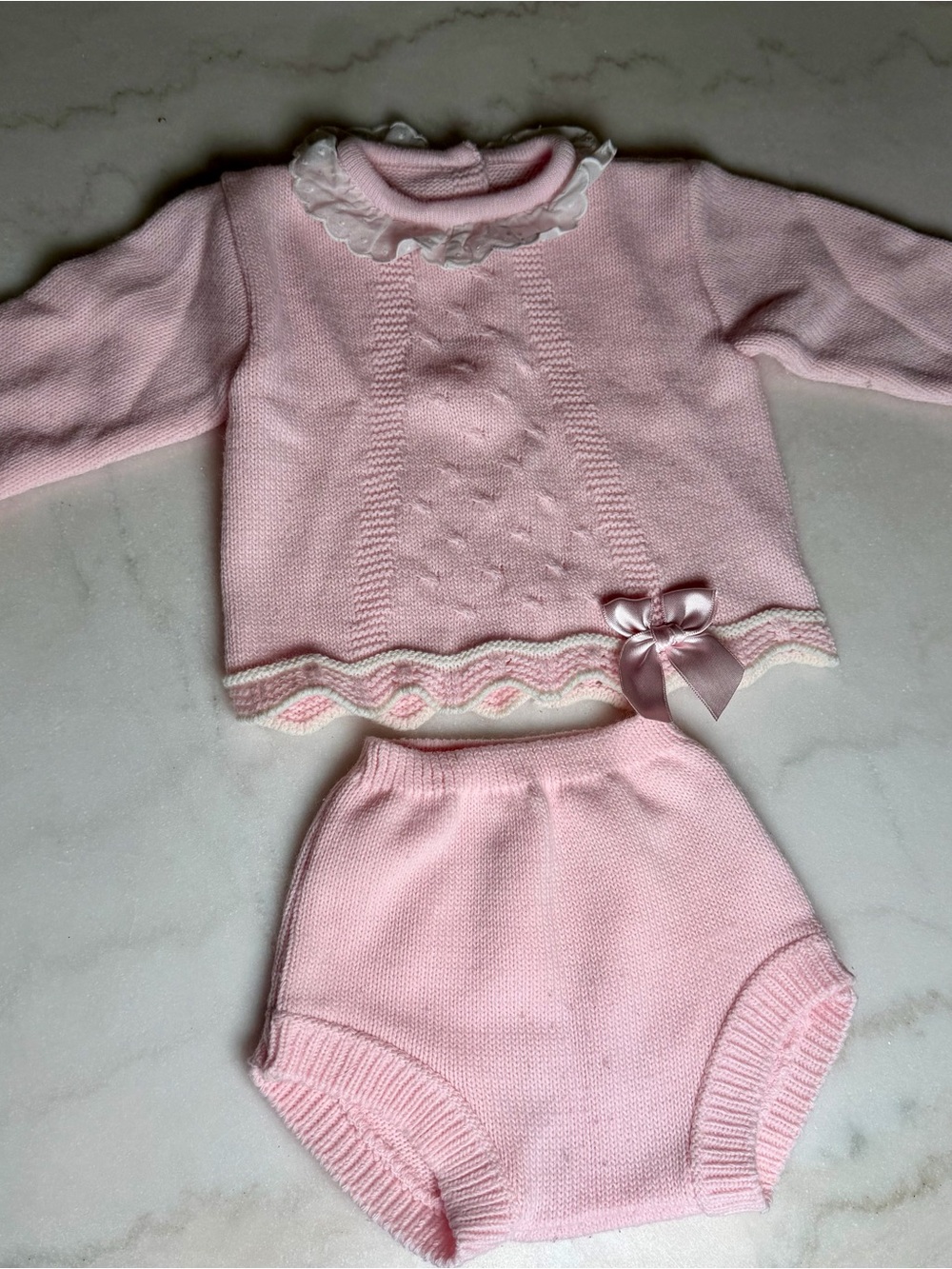 Classic Pink Knit Baby Bloomers and Sweater Set (Spanish set)